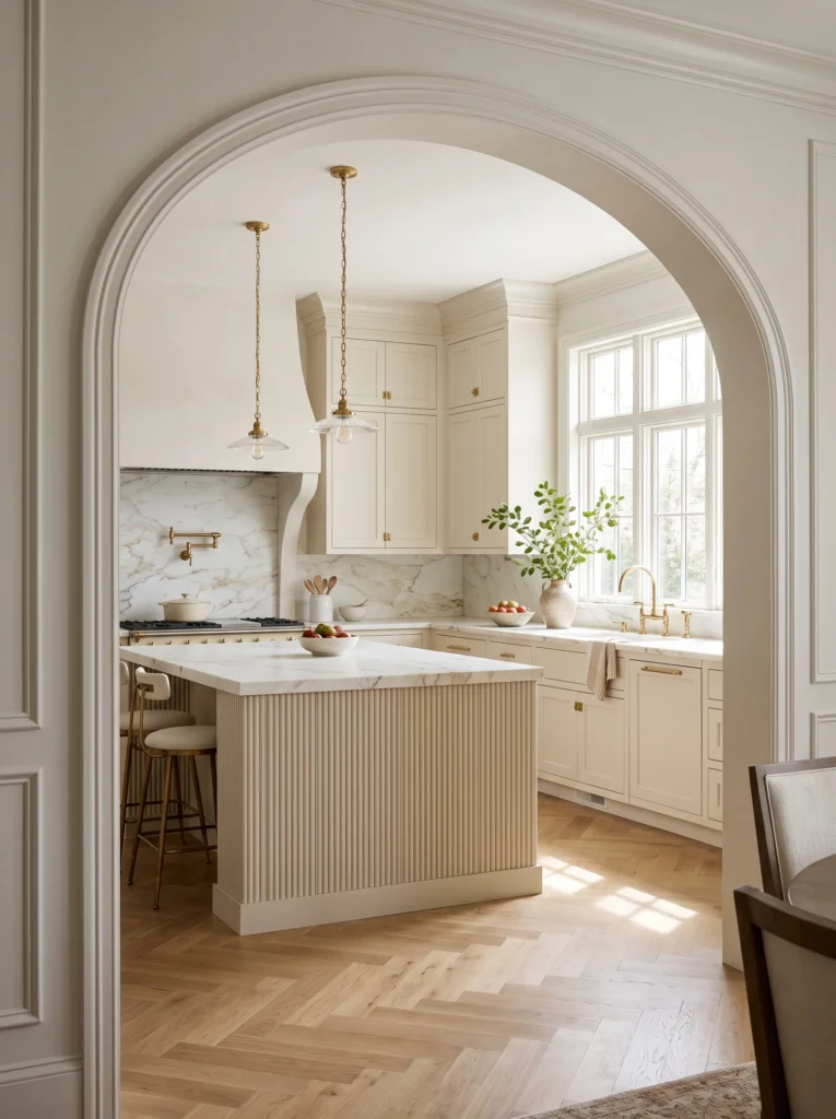 A cream kitchen viewed through an arched plaster doorway, with a fluted island, marble countertops, brass pendant lights, and herringbone wood flooring