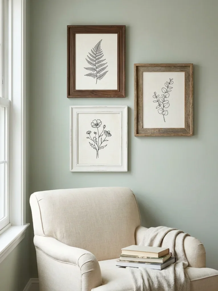 Three black-and-white botanical line-art prints in mismatched wood frames on a sage green wall, above a cream armchair with a stack of books