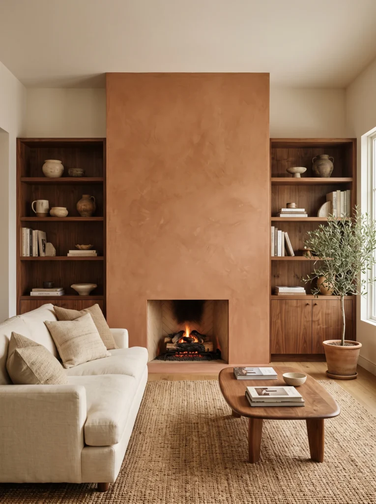 A living room with a floor-to-ceiling terracotta plaster fireplace flanked by built-in walnut bookshelves