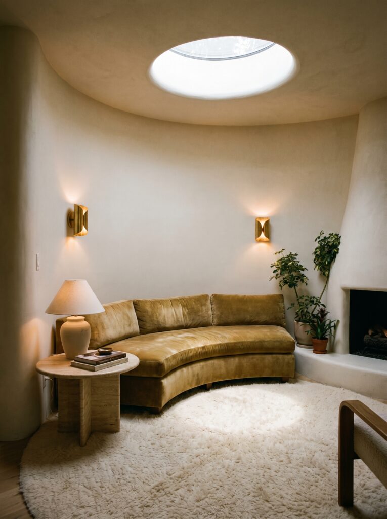A curved mustard velvet sofa in a rounded alcove lit by a small round skylight, flanked by brass wall sconces