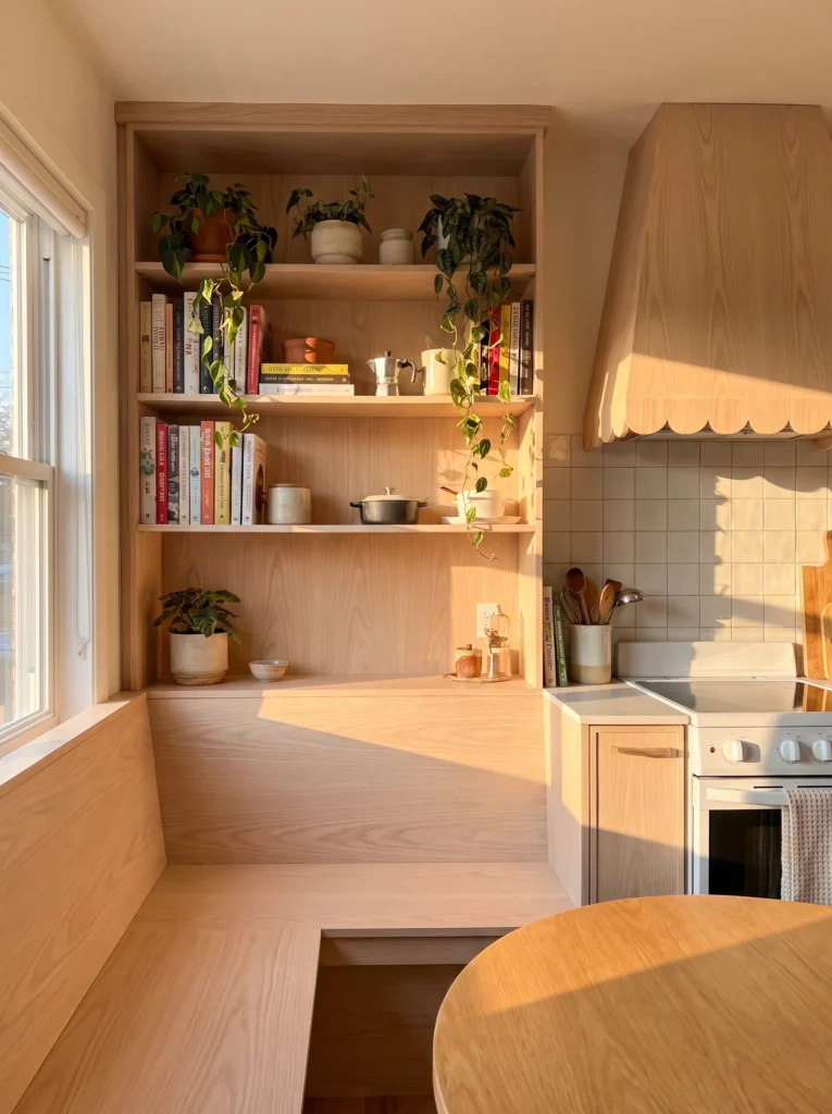 A built-in corner banquette with a bookshelf and plants sits beneath a scalloped wood range hood in a warm ash wood kitchen