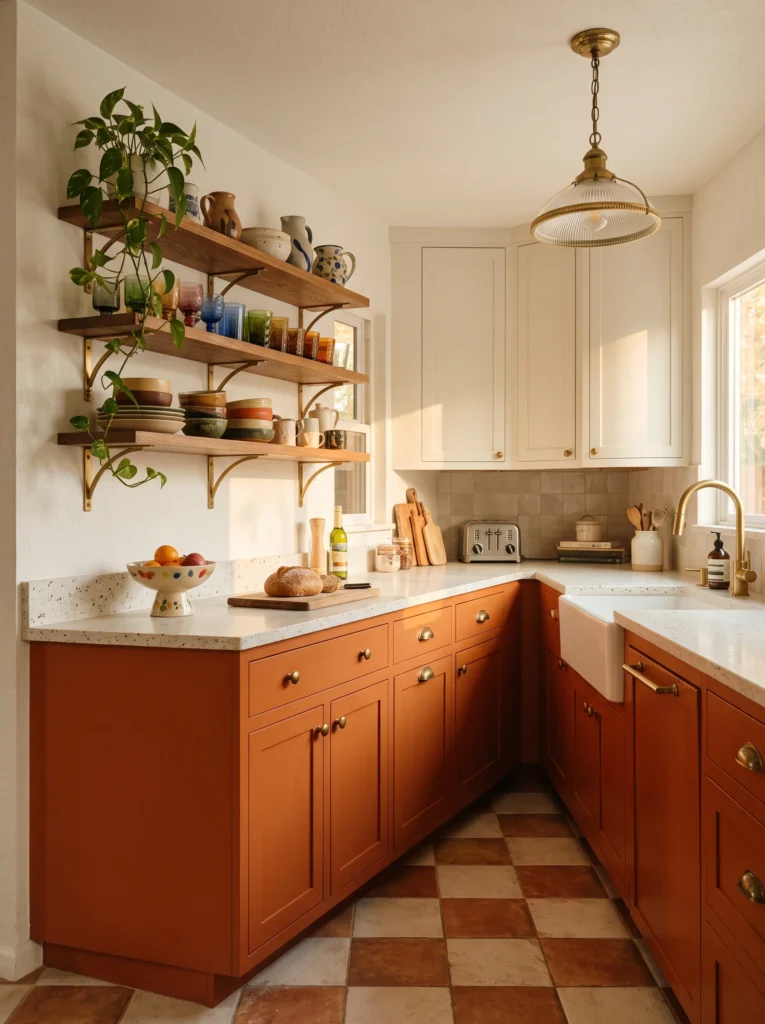  Kitchen with burnt orange lower cabinets, cream upper cabinets, brass knobs, checkerboard terracotta and cream tile floor, open wood shelving with colorful glassware, and a glass schoolhouse pendant light