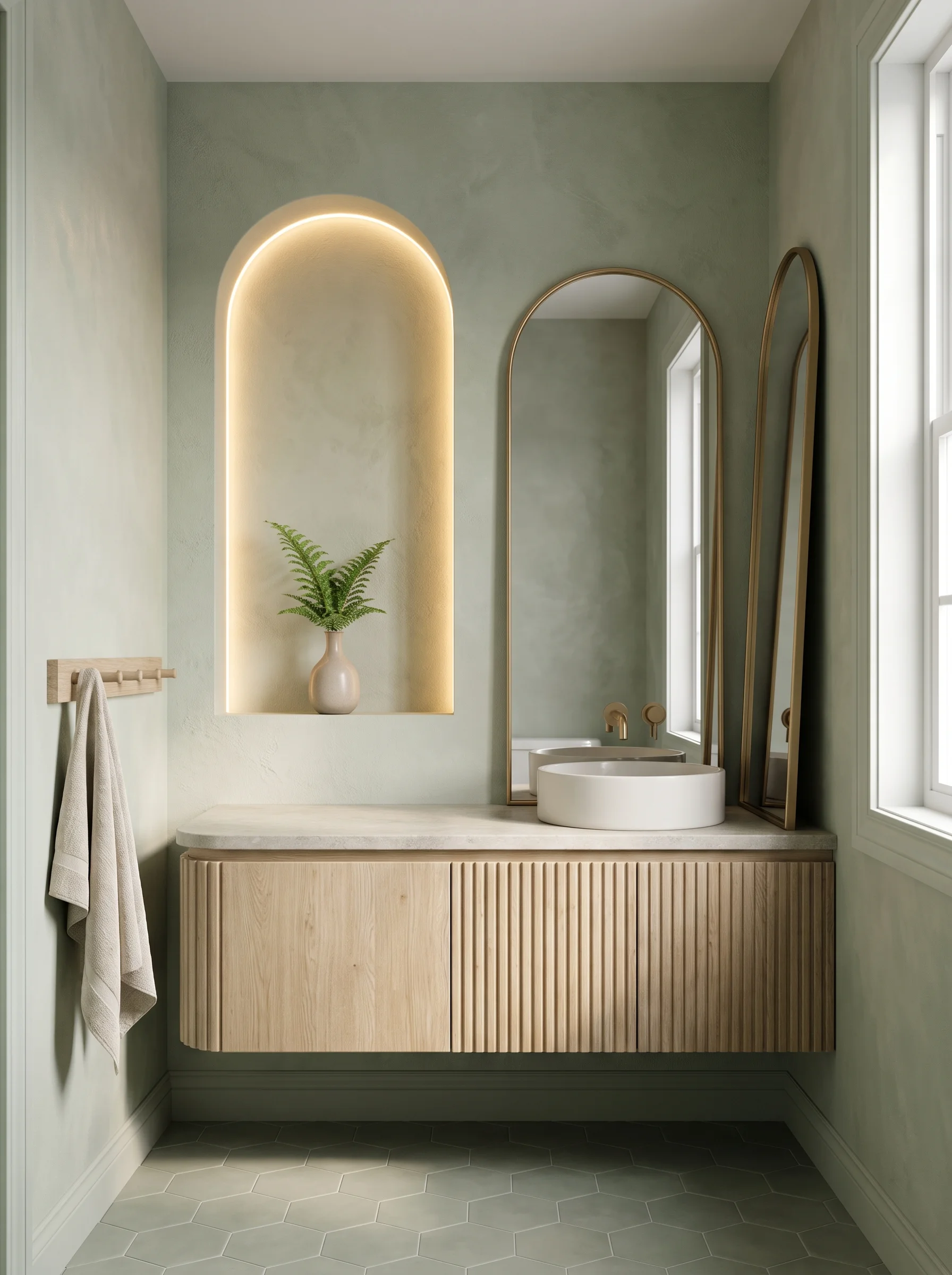 Small bathroom with sage plaster walls, a glowing arched niche, a fluted oak floating vanity, and brass-framed arched mirrors