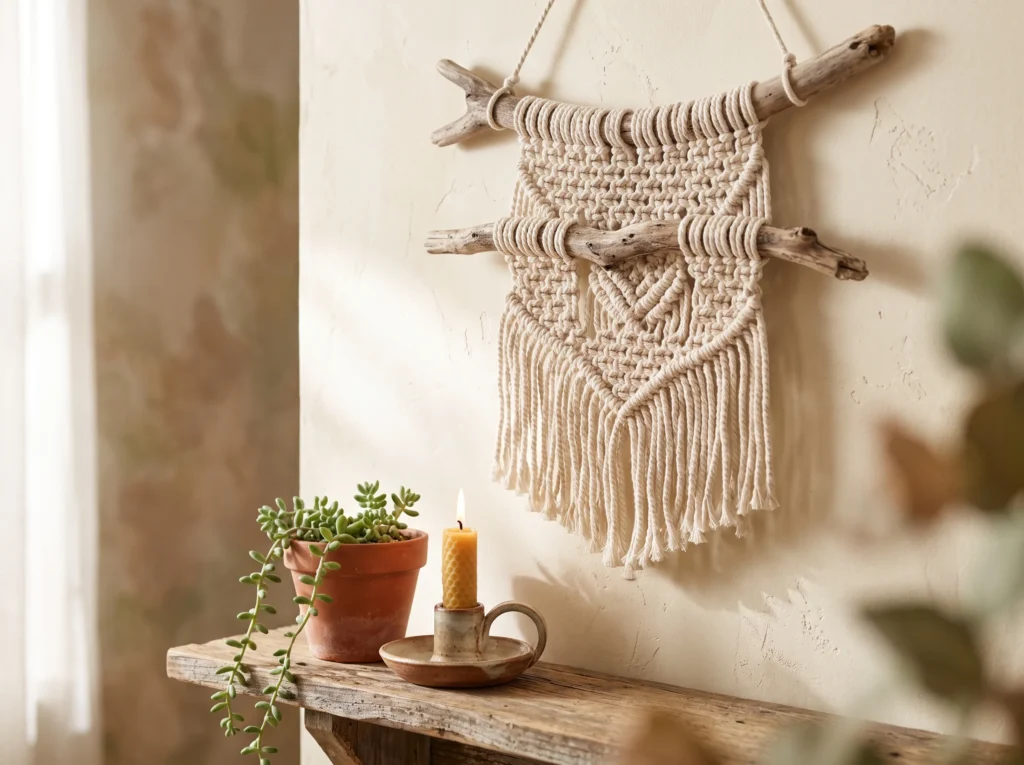 Handmade macrame and driftwood wall hanging on a cream wall with potted plant and candle
