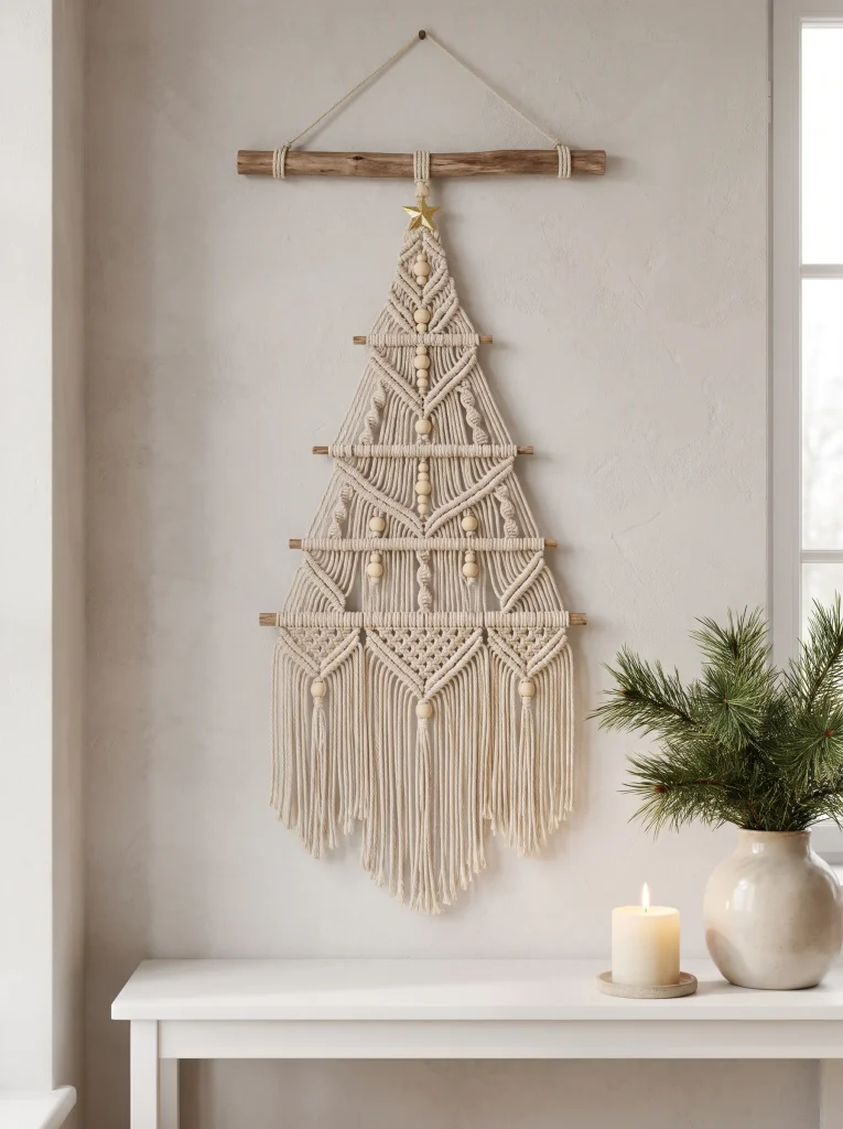 Cream macrame Christmas tree hanging from a driftwood rod with wooden beads and a gold star above a white console