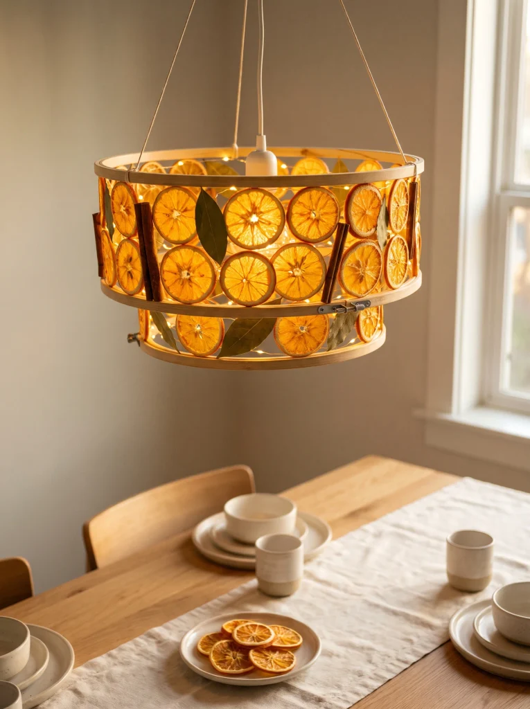 Wooden hoop lamp with two tiers covered in dried orange slices, bay leaves and cinnamon sticks above a dining table