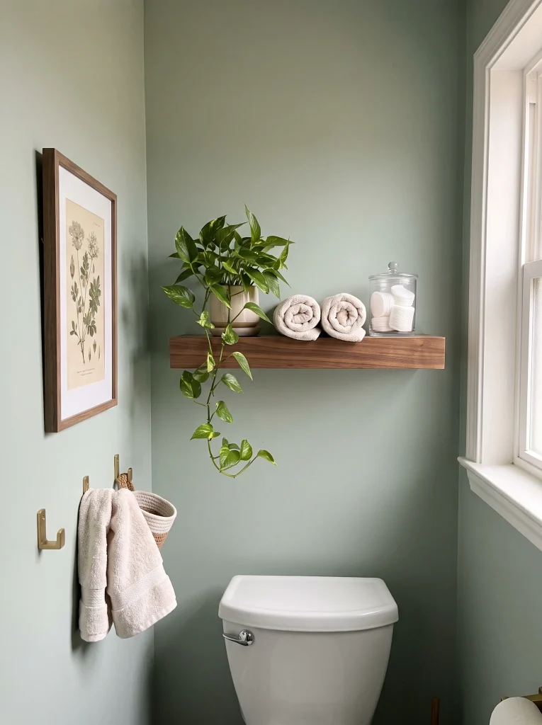 Walnut toned floating shelf above a toilet holding a pothos, rolled towels, and a cotton pad jar
