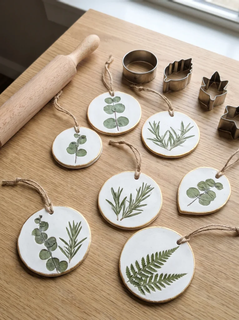 White clay ornaments pressed with eucalyptus, rosemary and fern, edged in gold with jute loops beside a rolling pin
