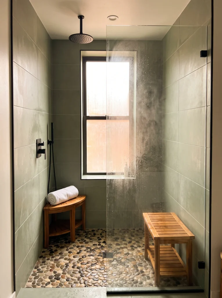 Walk in shower with sage large format tile, a pebble floor, ceiling rain showerhead, black handheld, and two teak benches