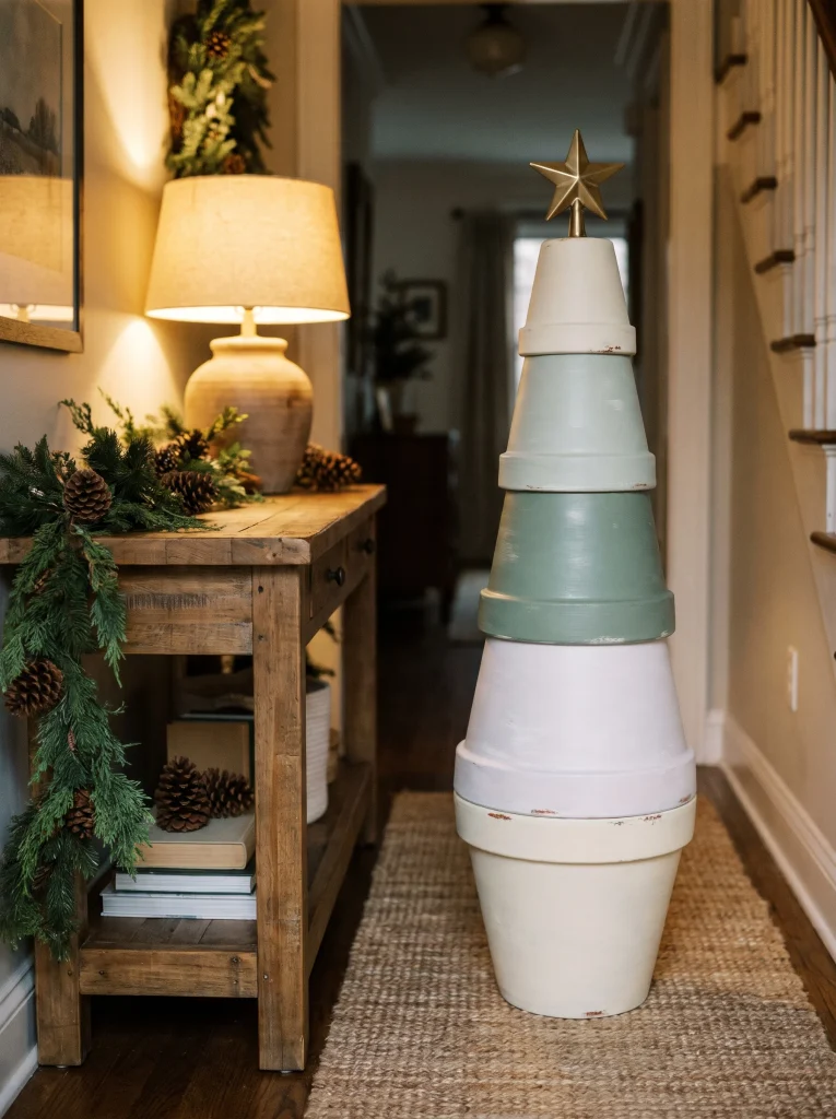 Tall stacked terracotta pots painted cream, sage and green with a brass star topper beside a hallway console