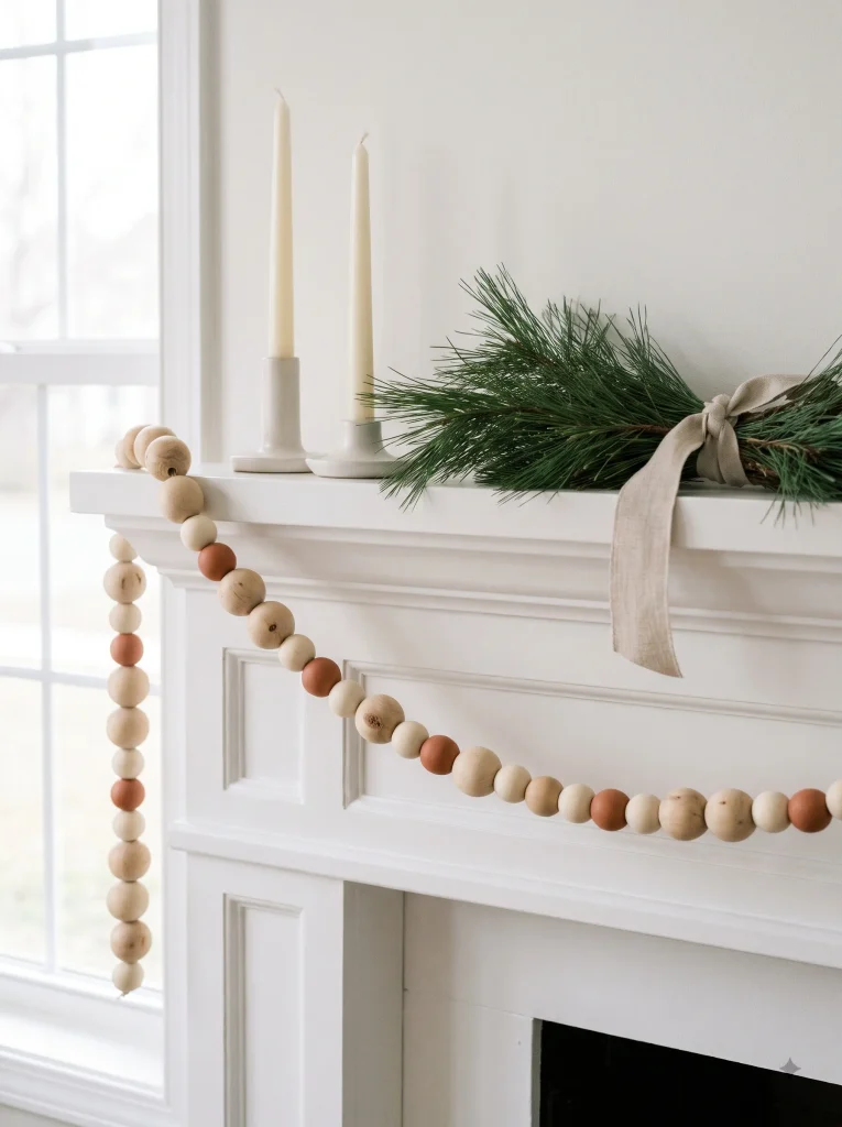 Wooden bead garland in natural and rust tones draped over a white mantel with ivory taper candles and pine