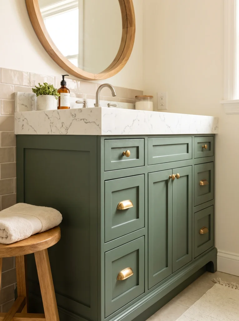 Sage painted shaker vanity with brass cup pulls, a marble look top, a round oak mirror, and an oak stool