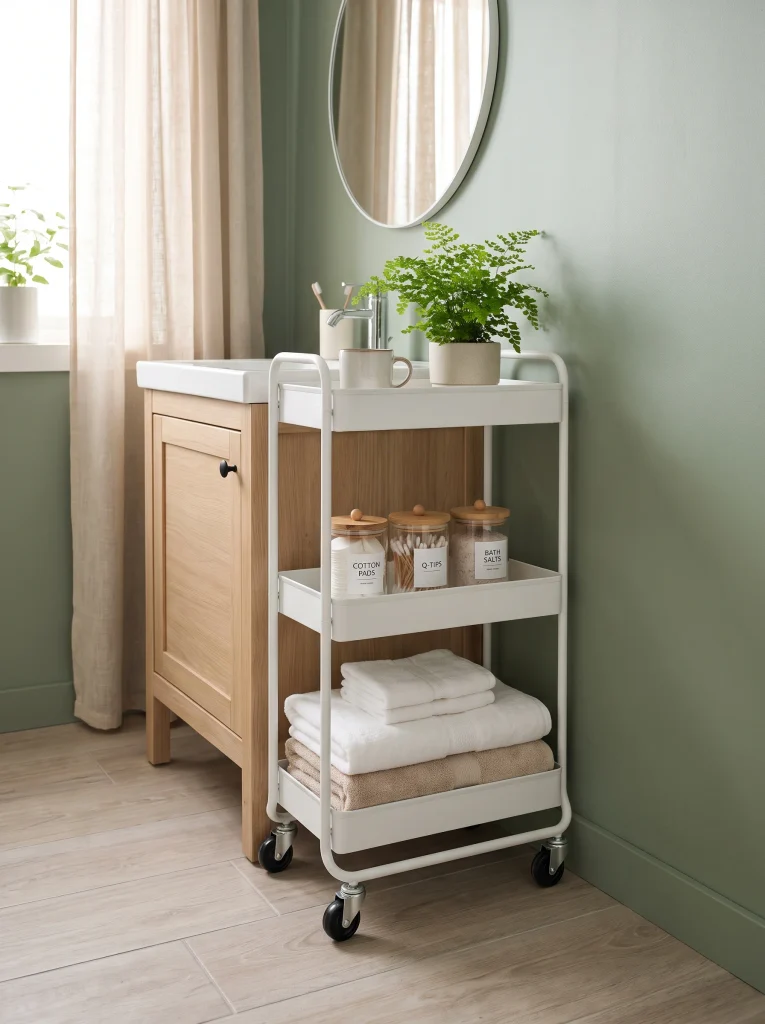 White three tier rolling cart beside a small oak vanity holding labeled jars, folded towels, a fern, and a ceramic mug
