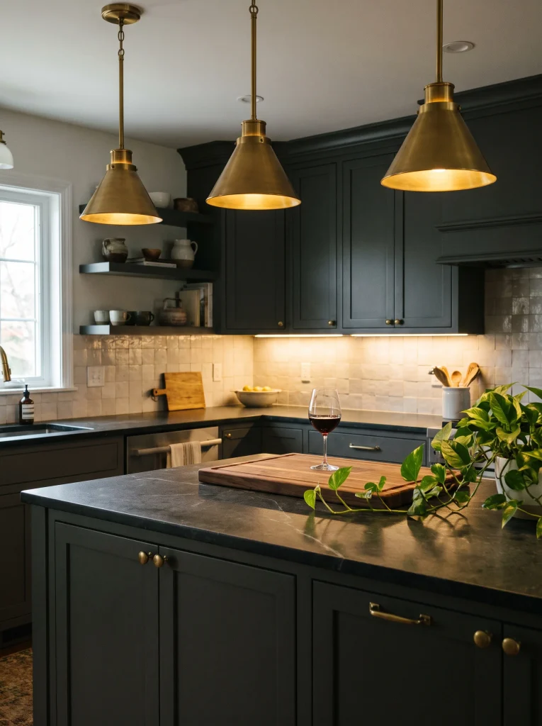 Charcoal kitchen with brass cone pendants, under cabinet lighting, zellige style tile, dark counters, a walnut board, and a pothos plant