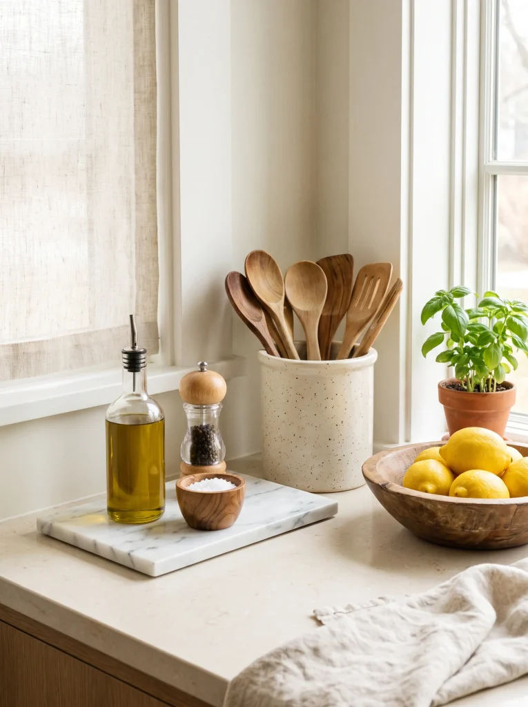Kitchen counter styled with a marble tray, olive oil bottle, pepper mill, wooden spoons in a speckled crock, and lemons in a wooden bowl