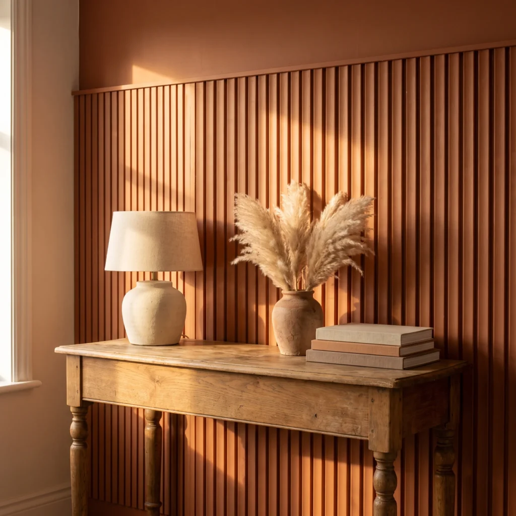 DIY terracotta ribbed wood wall panel with oak console table, ceramic lamp and pampas grass