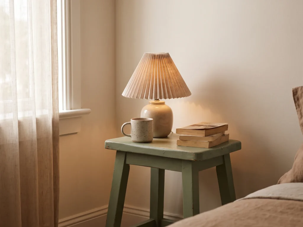 Thrifted wooden stool repainted sage green as a bedside table with lamp, mug and books
