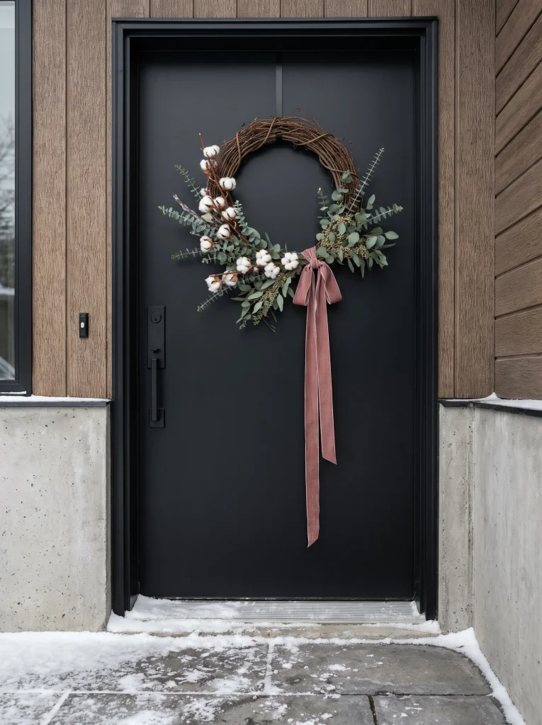 Asymmetrical grapevine wreath with eucalyptus, cotton stems and a long dusty pink velvet ribbon on a matte black front door