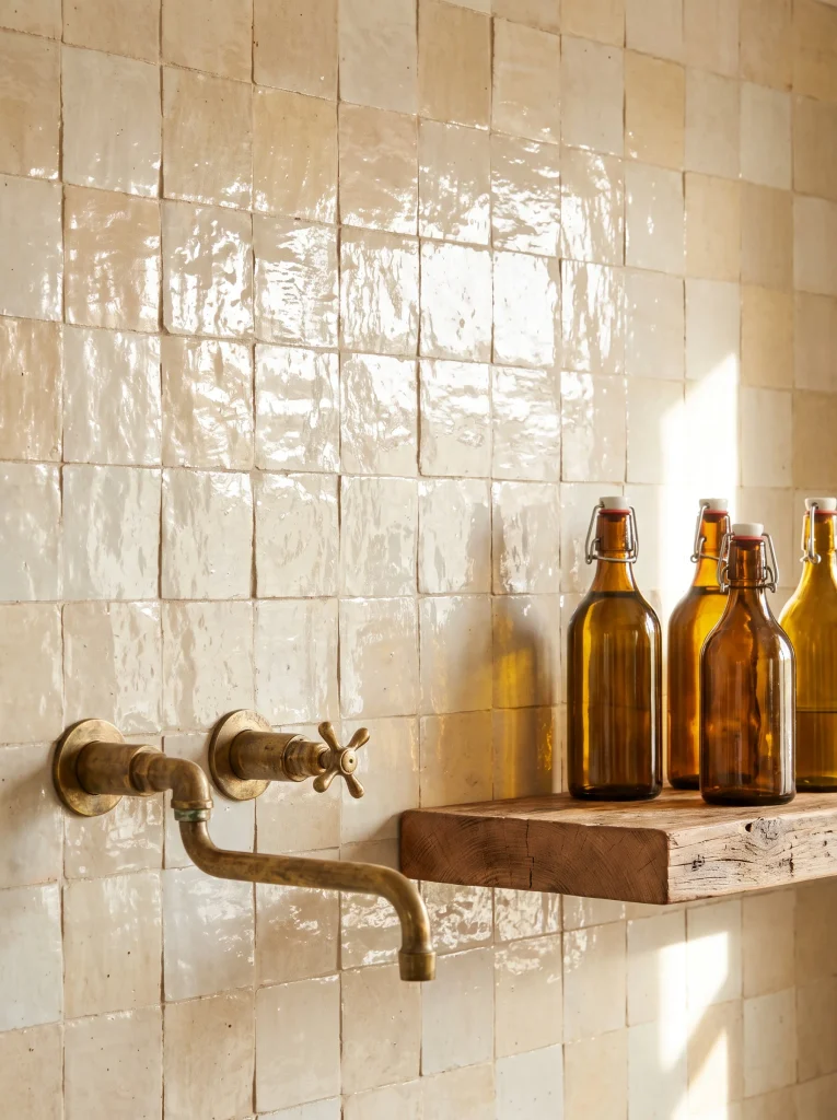 Close up of glossy cream zellige tile with an aged brass wall tap and a rustic wood shelf holding amber bottles