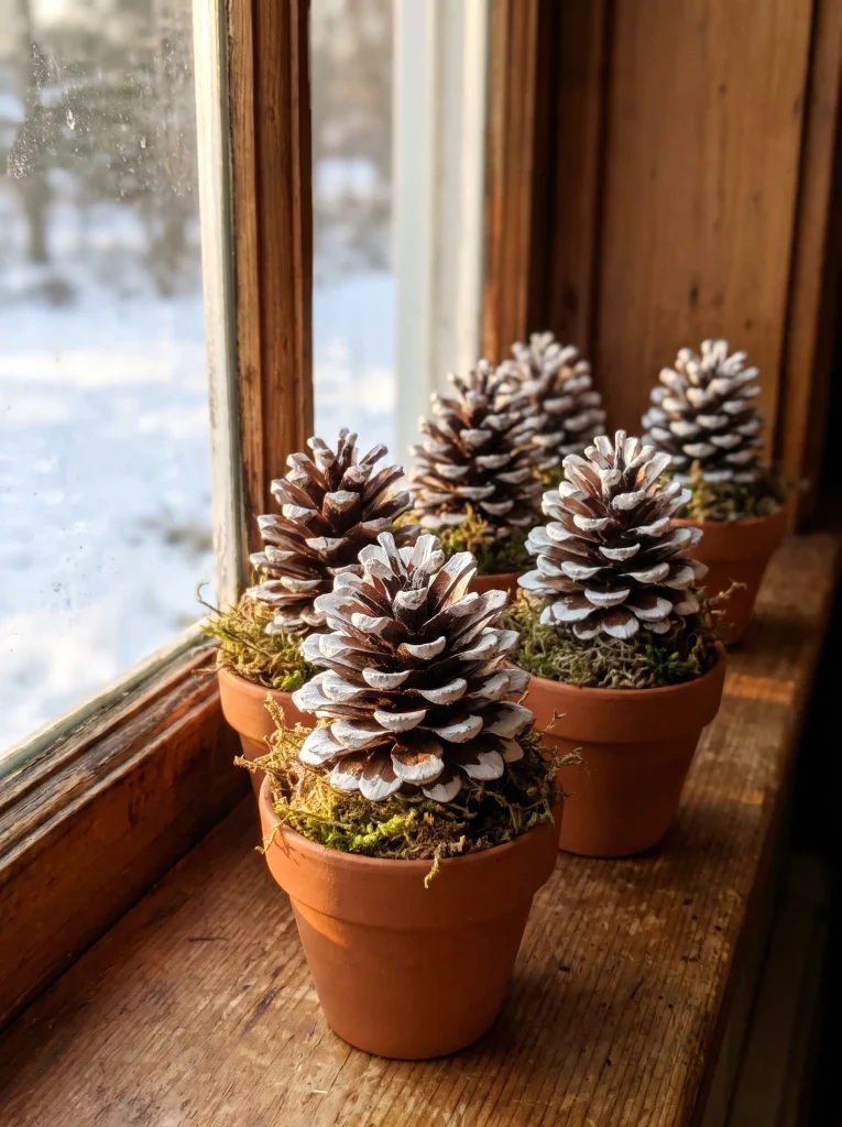 Several pinecones with white tips set in small terracotta pots with moss on a wooden windowsill beside a snowy window