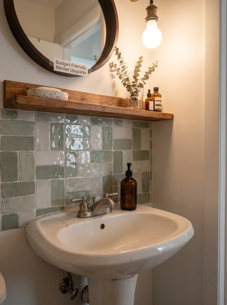 Pedestal sink with a sage and cream zellige style backsplash, wood ledge shelf, round mirror, and a warm bare bulb