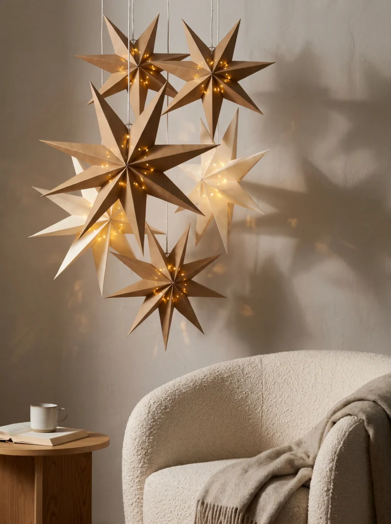 Kraft and cream paper stars lit from inside hang above a boucle chair beside a round wood side table