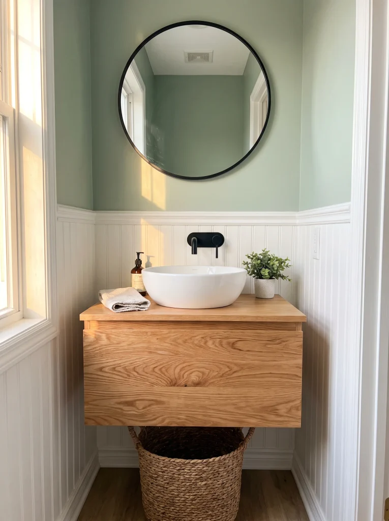 Floating oak vanity with white vessel sink, black wall faucet, round black mirror, sage upper wall, and white beadboard