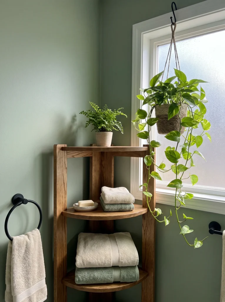 Oak corner shelf with folded towels and a fern beside a frosted window and hanging pothos