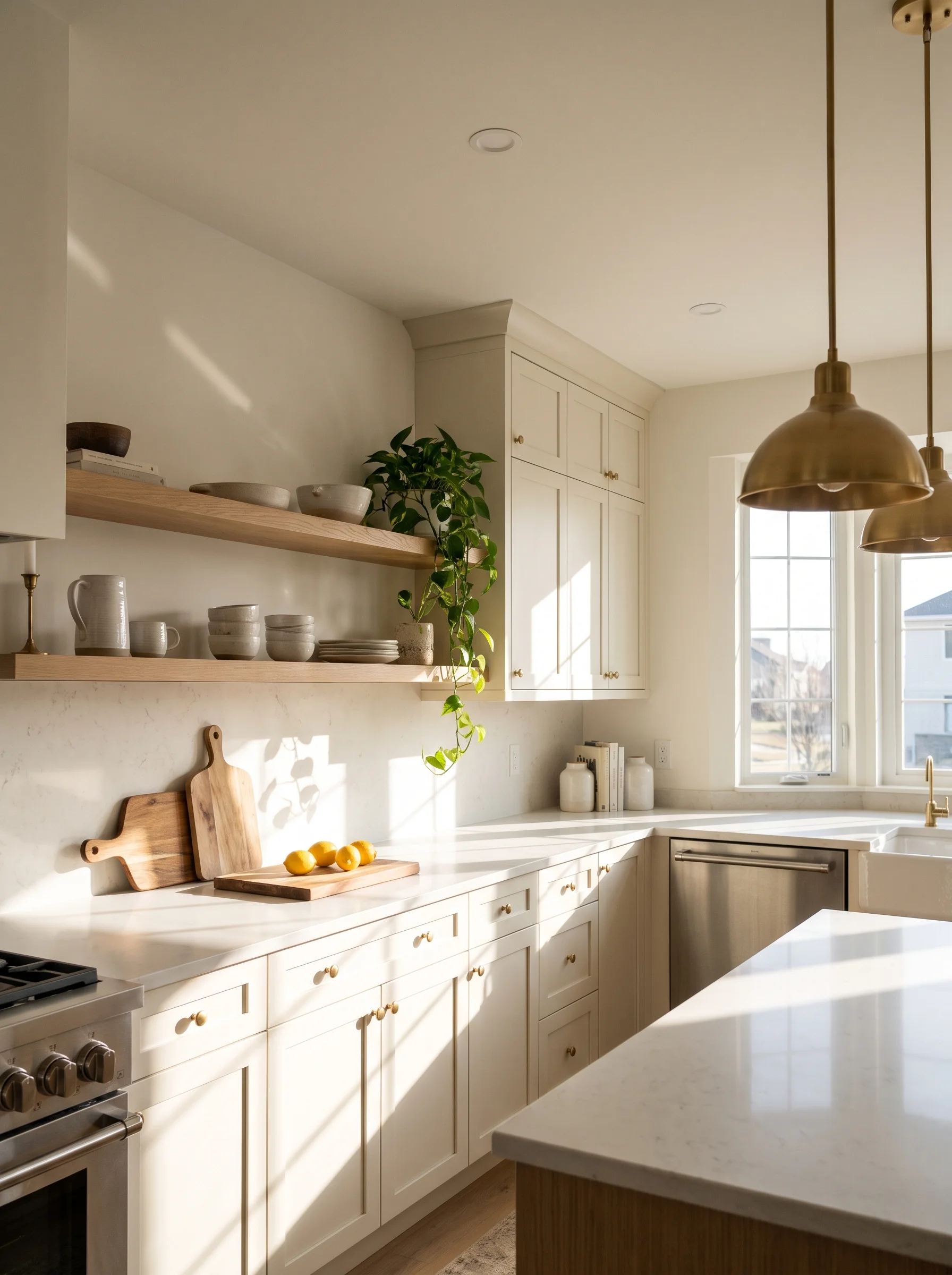 Kitchen inspiration ideas with cream shaker cabinets, brass knobs, oak floating shelves, and brass pendant lights in warm sunlight